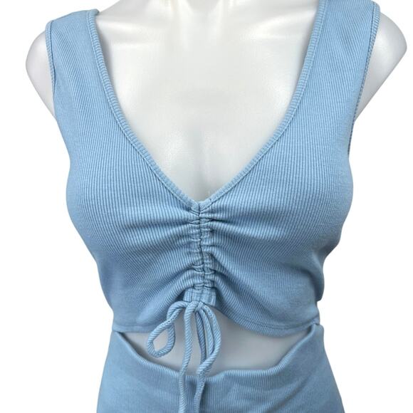 Lulus Go With You Light Blue Ribbed Ruched Cutout Sleeveless Bodycon Dress Sz L - Picture 9 of 9